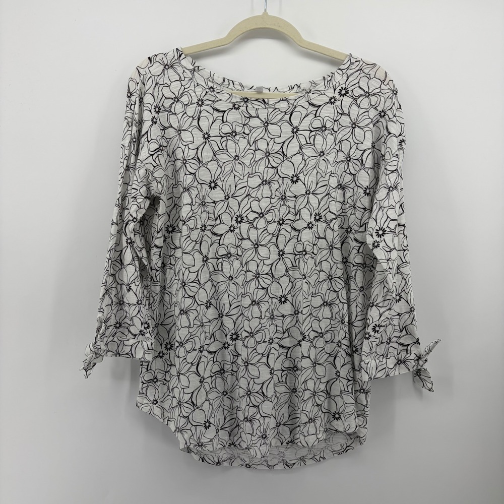 T by Talbots Womens M White Black Floral Top 3/4 Sleeve Tie Cuff Slub Cotton
